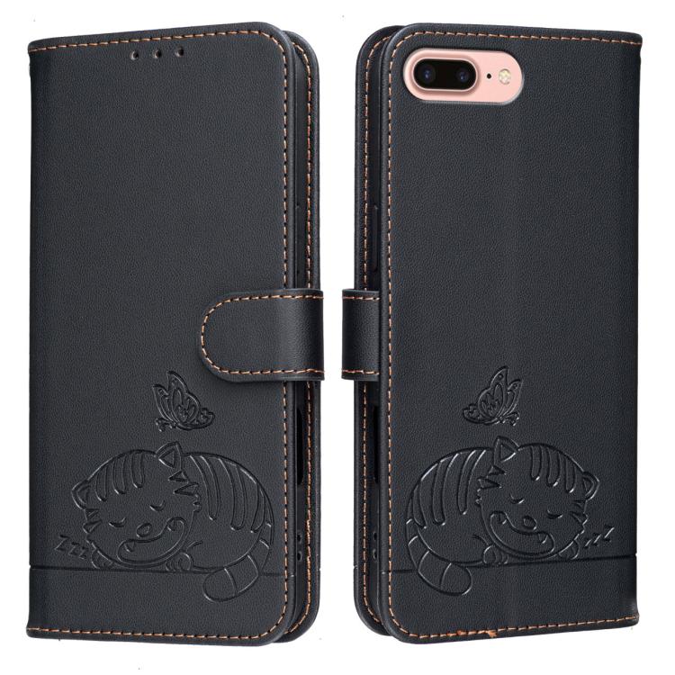 For iPhone 8 Plus / 7 Plus Cat Butterfly Embossed RFID Vegan Leather Phone Case with Strap