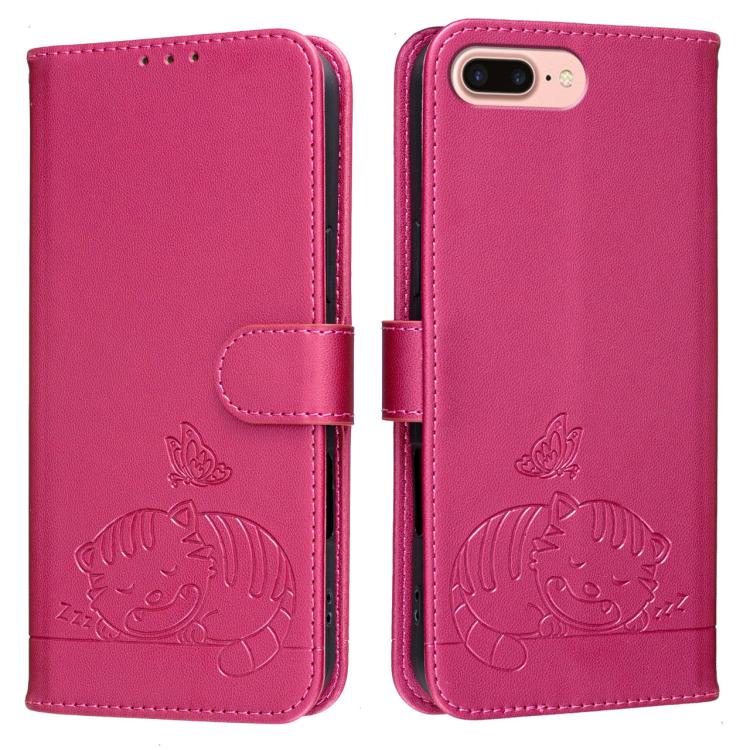 For iPhone 8 Plus / 7 Plus Cat Butterfly Embossed RFID Vegan Leather Phone Case with Strap