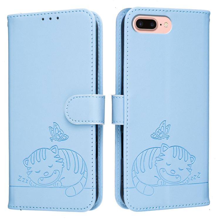 For iPhone 8 Plus / 7 Plus Cat Butterfly Embossed RFID Vegan Leather Phone Case with Strap