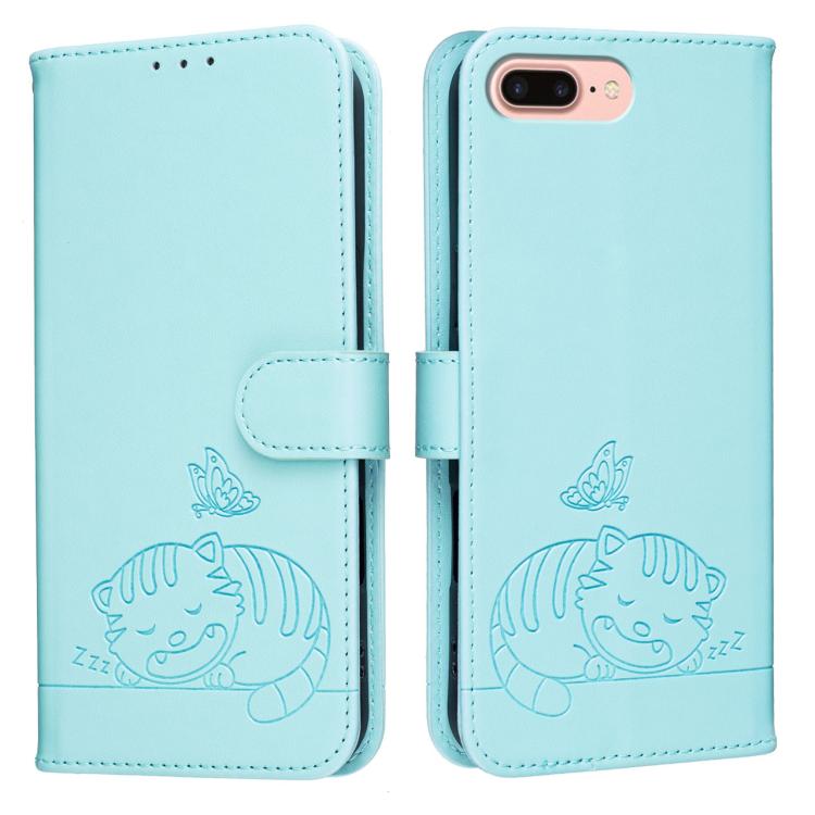 For iPhone 8 Plus / 7 Plus Cat Butterfly Embossed RFID Vegan Leather Phone Case with Strap