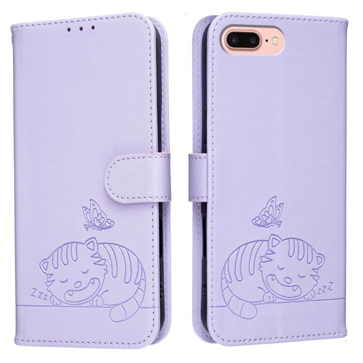 For iPhone 8 Plus / 7 Plus Cat Butterfly Embossed RFID Vegan Leather Phone Case with Strap