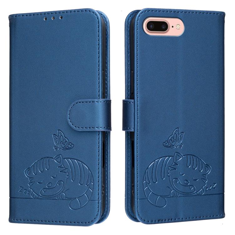 For iPhone 8 Plus / 7 Plus Cat Butterfly Embossed RFID Vegan Leather Phone Case with Strap