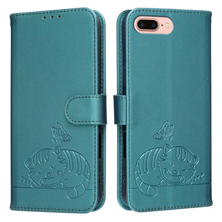For iPhone 8 Plus / 7 Plus Cat Butterfly Embossed RFID Vegan Leather Phone Case with Strap