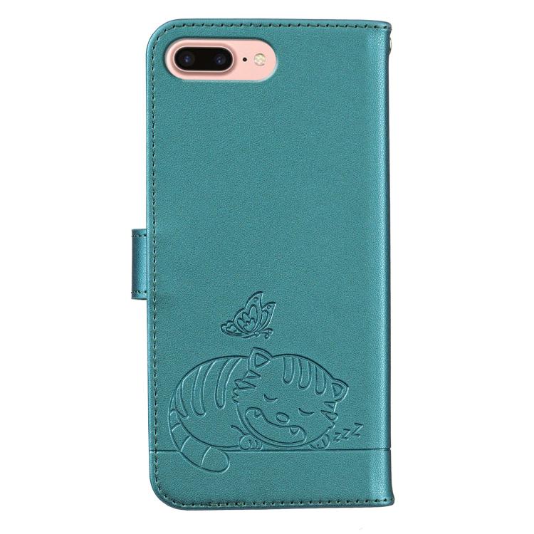 For iPhone 8 Plus / 7 Plus Cat Butterfly Embossed RFID Vegan Leather Phone Case with Strap