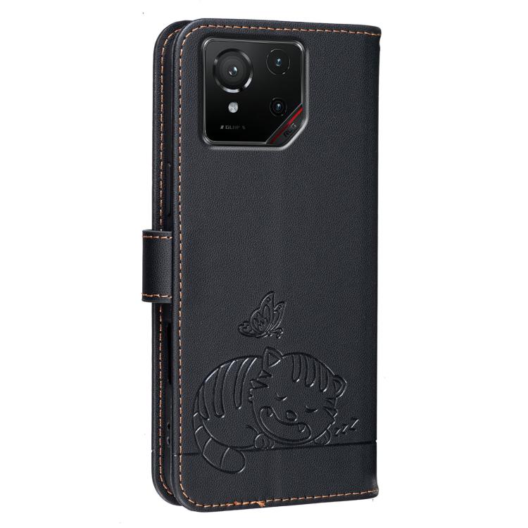 For Asus ROG Phone 9 Cat Butterfly Embossed RFID Vegan Leather Phone Case with Strap
