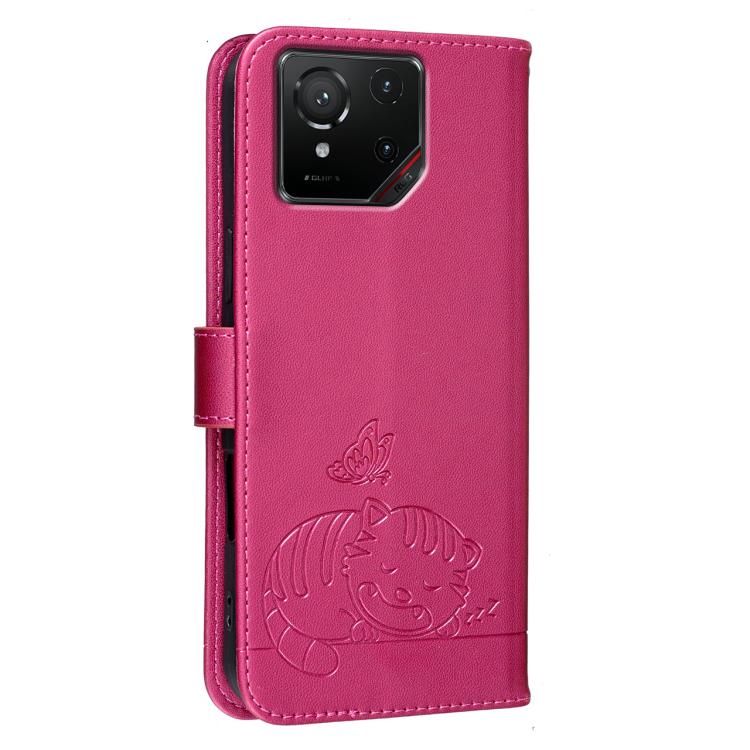 For Asus ROG Phone 9 Cat Butterfly Embossed RFID Vegan Leather Phone Case with Strap