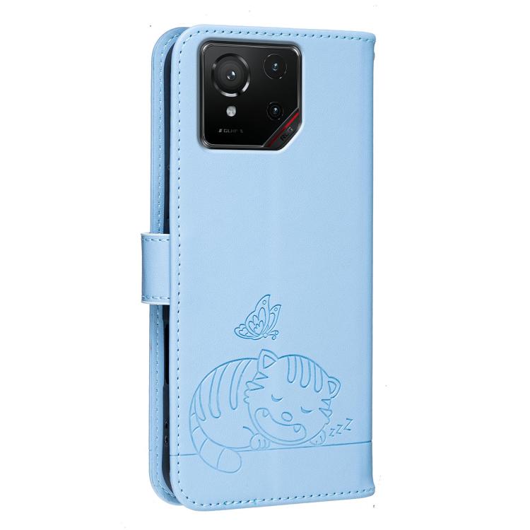 For Asus ROG Phone 9 Cat Butterfly Embossed RFID Vegan Leather Phone Case with Strap