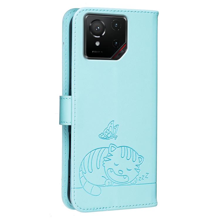 For Asus ROG Phone 9 Cat Butterfly Embossed RFID Vegan Leather Phone Case with Strap
