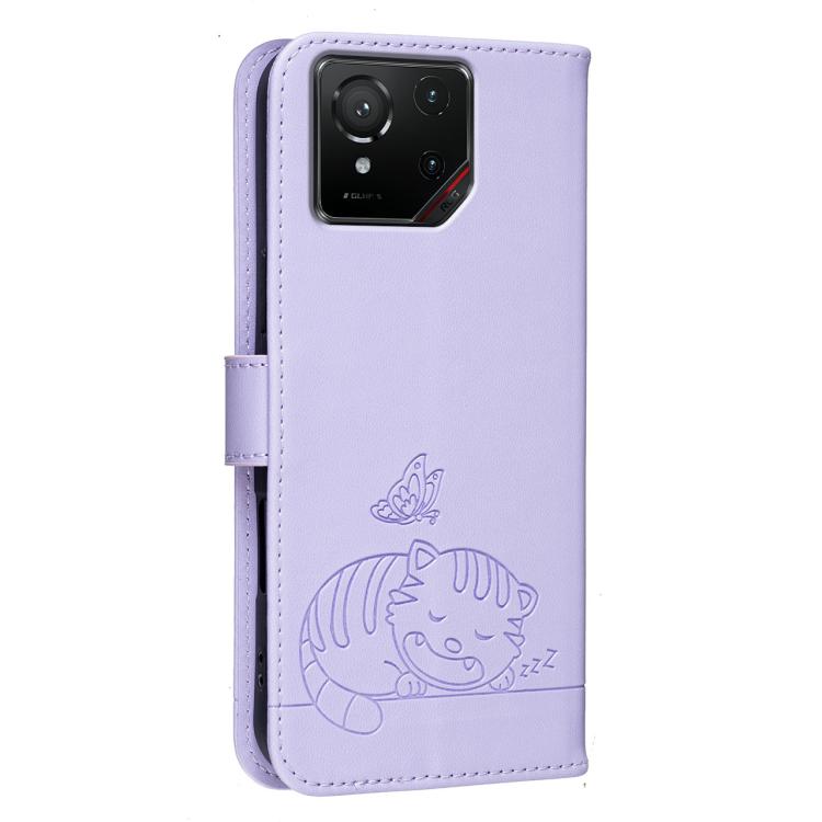 For Asus ROG Phone 9 Cat Butterfly Embossed RFID Vegan Leather Phone Case with Strap