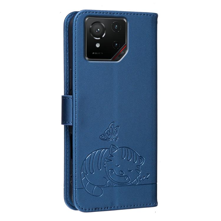For Asus ROG Phone 9 Cat Butterfly Embossed RFID Vegan Leather Phone Case with Strap