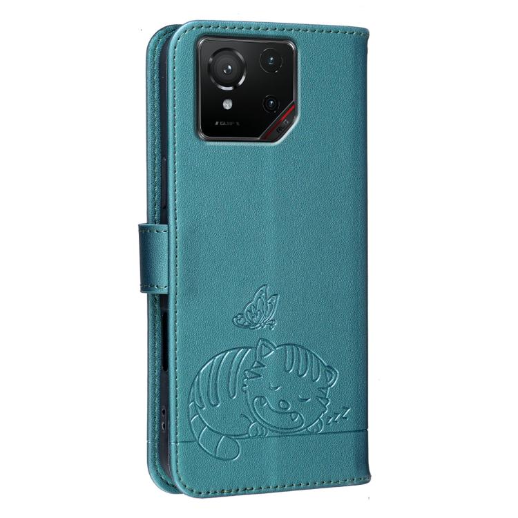 For Asus ROG Phone 9 Cat Butterfly Embossed RFID Vegan Leather Phone Case with Strap
