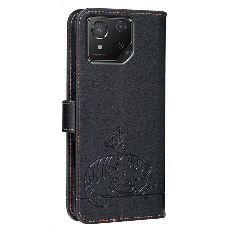 For Asus ROG Phone 8 Cat Butterfly Embossed RFID Vegan Leather Phone Case with Strap