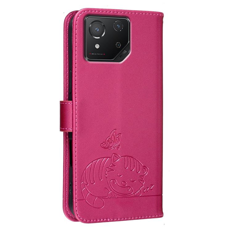 For Asus ROG Phone 8 Cat Butterfly Embossed RFID Vegan Leather Phone Case with Strap