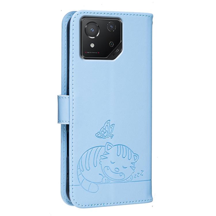 For Asus ROG Phone 8 Cat Butterfly Embossed RFID Vegan Leather Phone Case with Strap
