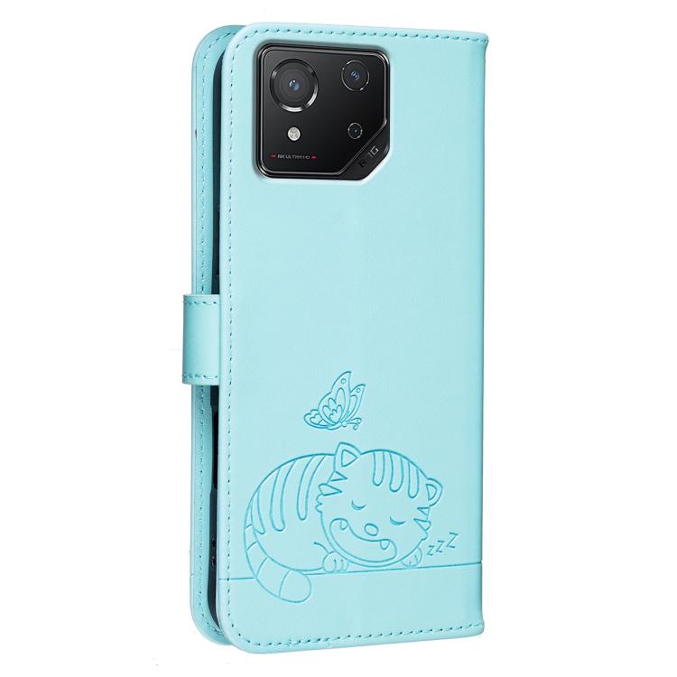 For Asus ROG Phone 8 Cat Butterfly Embossed RFID Vegan Leather Phone Case with Strap