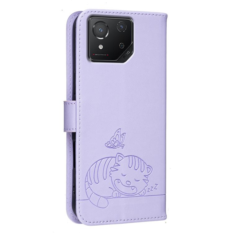 For Asus ROG Phone 8 Cat Butterfly Embossed RFID Vegan Leather Phone Case with Strap