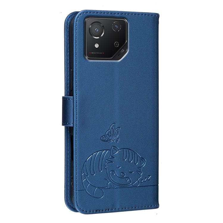 For Asus ROG Phone 8 Cat Butterfly Embossed RFID Vegan Leather Phone Case with Strap