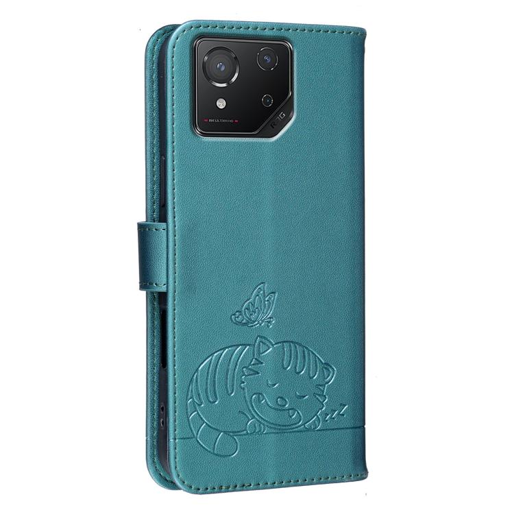For Asus ROG Phone 8 Cat Butterfly Embossed RFID Vegan Leather Phone Case with Strap
