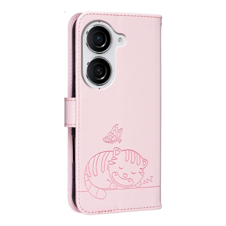 For Asus Zenfone 10 / 10z 5G Cat Butterfly Embossed RFID Vegan Leather Phone Case with Strap