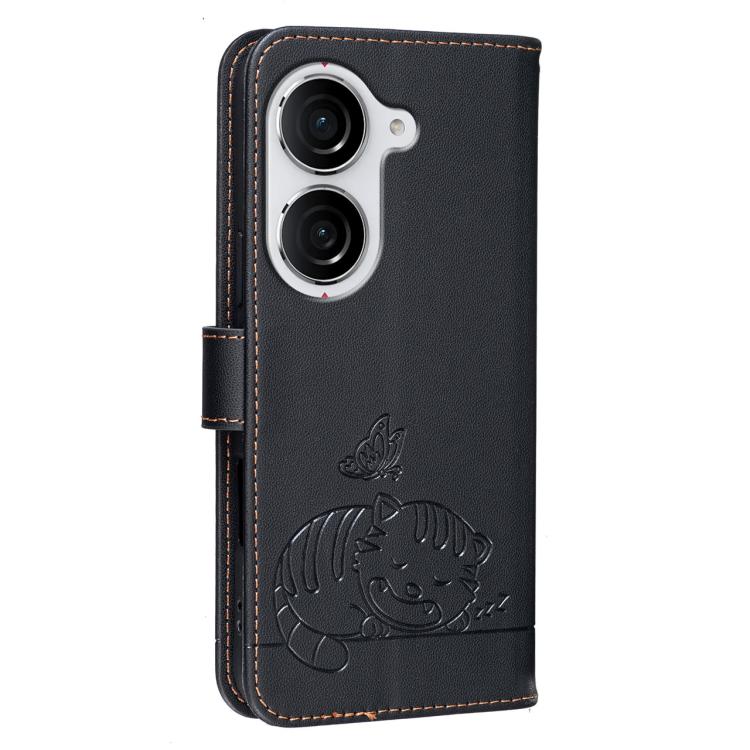 For Asus Zenfone 10 / 10z 5G Cat Butterfly Embossed RFID Vegan Leather Phone Case with Strap