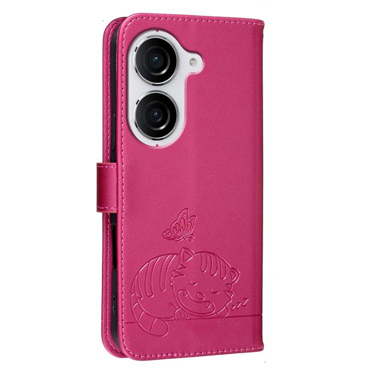 For Asus Zenfone 10 / 10z 5G Cat Butterfly Embossed RFID Vegan Leather Phone Case with Strap