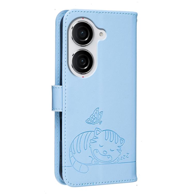 For Asus Zenfone 10 / 10z 5G Cat Butterfly Embossed RFID Vegan Leather Phone Case with Strap