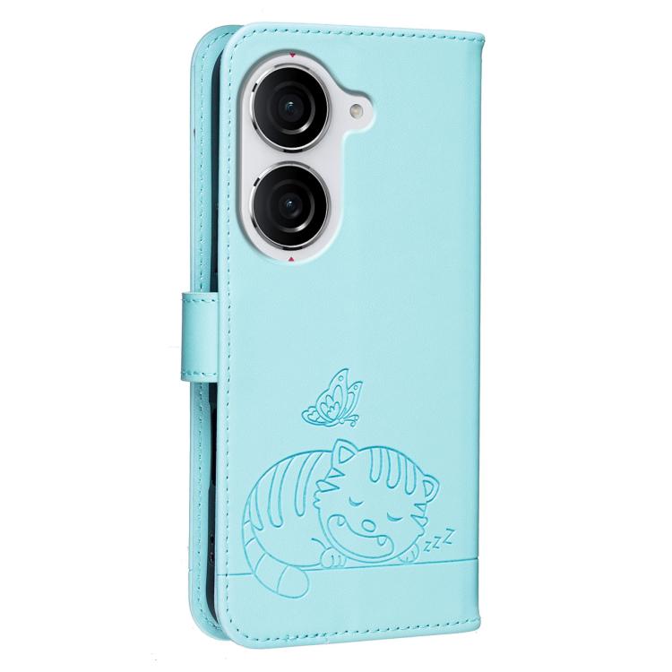 For Asus Zenfone 10 / 10z 5G Cat Butterfly Embossed RFID Vegan Leather Phone Case with Strap