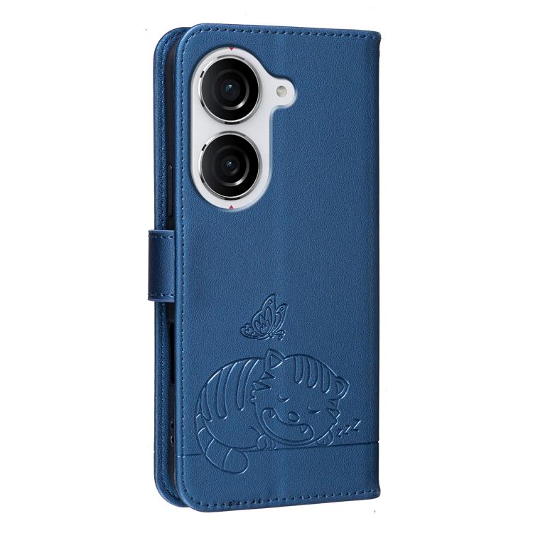 For Asus Zenfone 10 / 10z 5G Cat Butterfly Embossed RFID Vegan Leather Phone Case with Strap