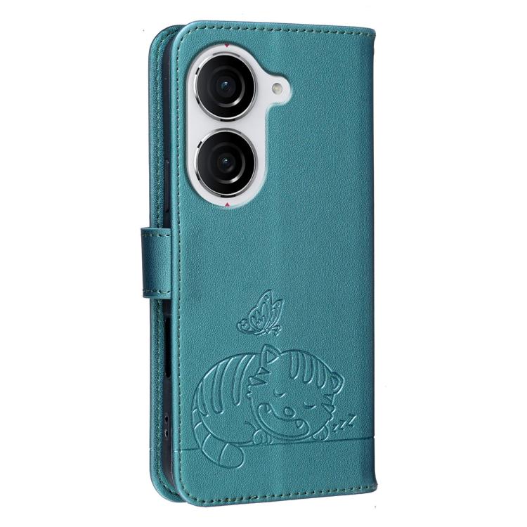 For Asus Zenfone 10 / 10z 5G Cat Butterfly Embossed RFID Vegan Leather Phone Case with Strap