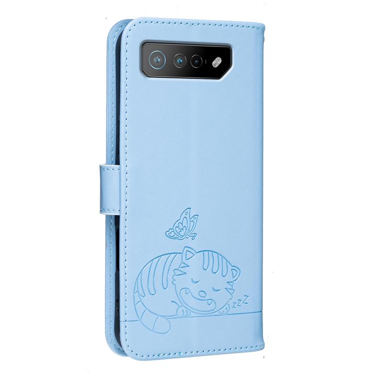 For Asus ROG Phone 7 Pro Cat Butterfly Embossed RFID Vegan Leather Phone Case with Strap