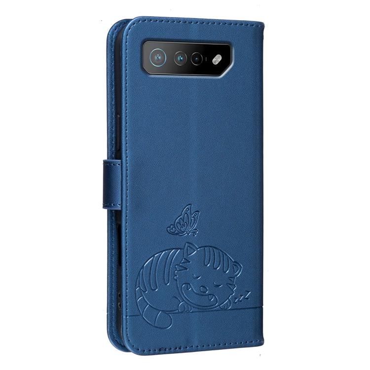 For Asus ROG Phone 7 Pro Cat Butterfly Embossed RFID Vegan Leather Phone Case with Strap