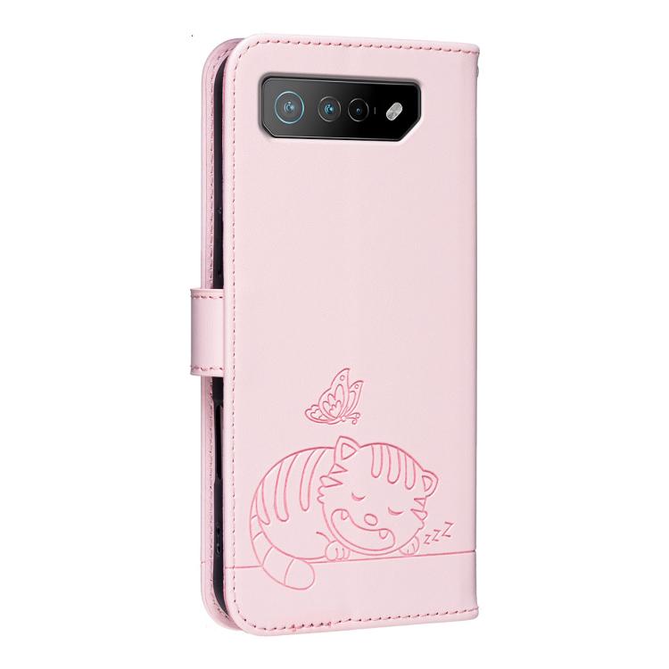 For Asus ROG Phone 7 Cat Butterfly Embossed RFID Vegan Leather Phone Case with Strap
