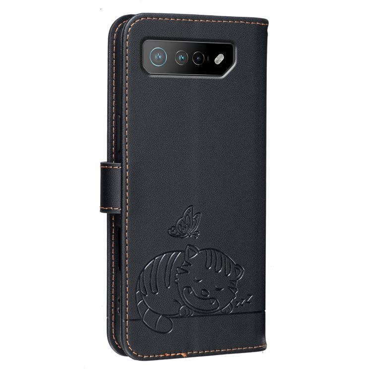 For Asus ROG Phone 7 Cat Butterfly Embossed RFID Vegan Leather Phone Case with Strap