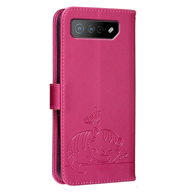 For Asus ROG Phone 7 Cat Butterfly Embossed RFID Vegan Leather Phone Case with Strap