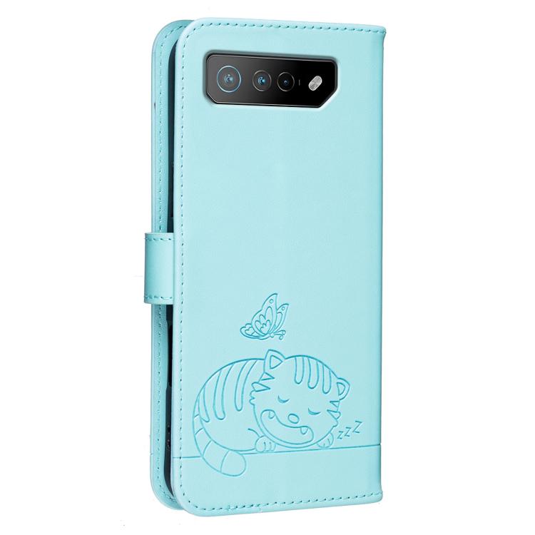 For Asus ROG Phone 7 Cat Butterfly Embossed RFID Vegan Leather Phone Case with Strap