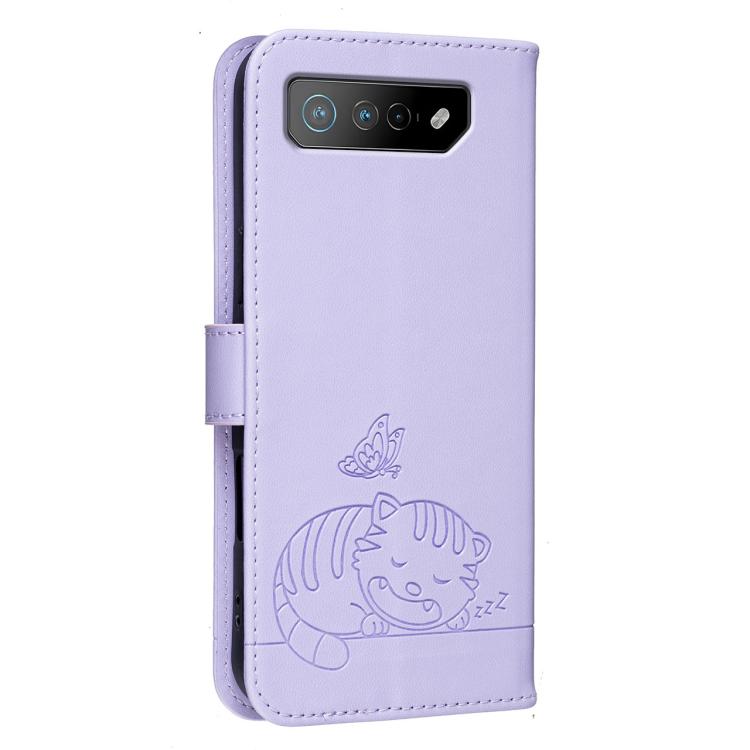 For Asus ROG Phone 7 Cat Butterfly Embossed RFID Vegan Leather Phone Case with Strap