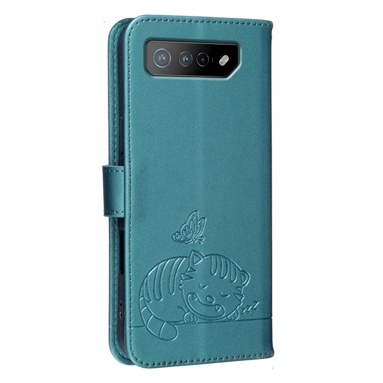 For Asus ROG Phone 7 Cat Butterfly Embossed RFID Vegan Leather Phone Case with Strap