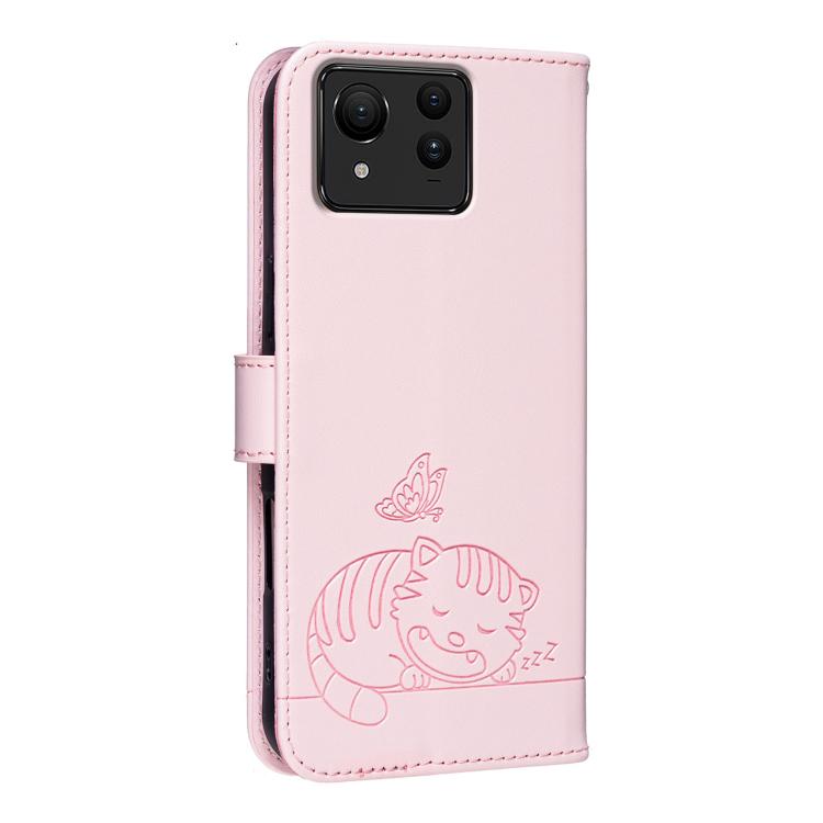 For Asus Zenfone 11 Ultra Cat Butterfly Embossed RFID Vegan Leather Phone Case with Strap