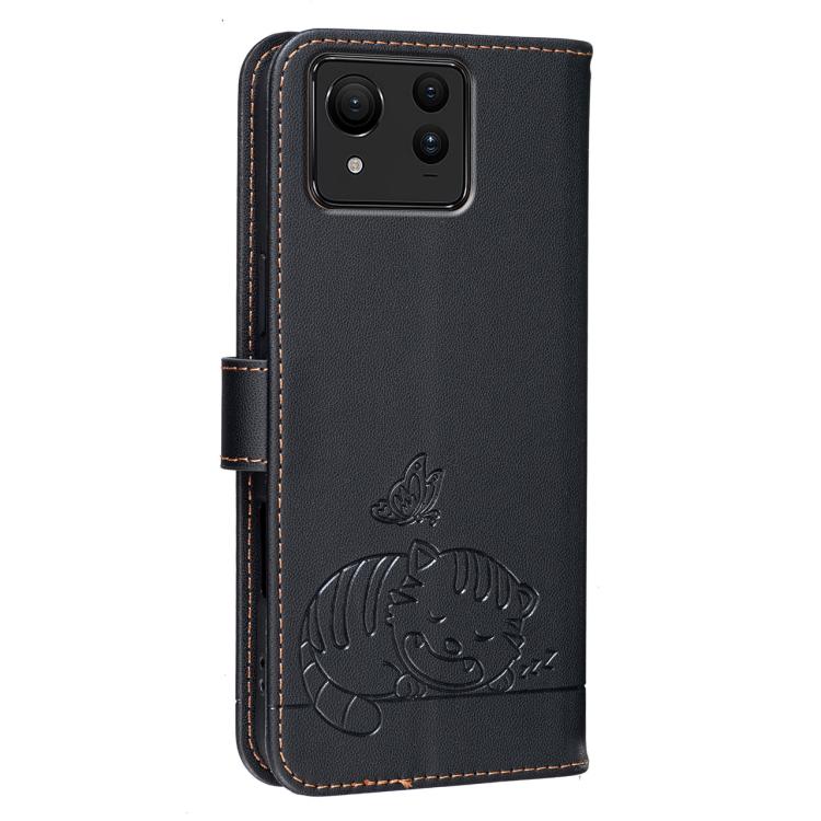 For Asus Zenfone 11 Ultra Cat Butterfly Embossed RFID Vegan Leather Phone Case with Strap