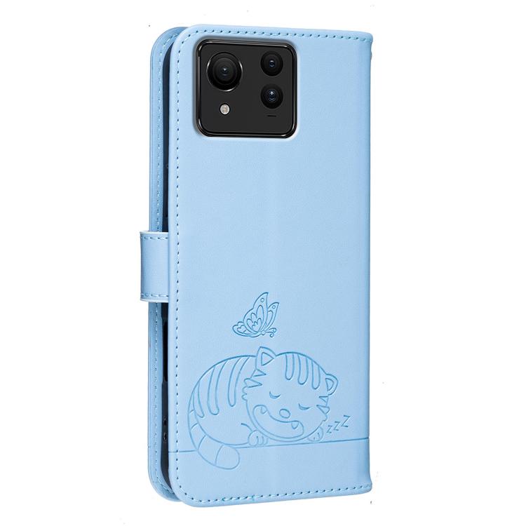 For Asus Zenfone 11 Ultra Cat Butterfly Embossed RFID Vegan Leather Phone Case with Strap