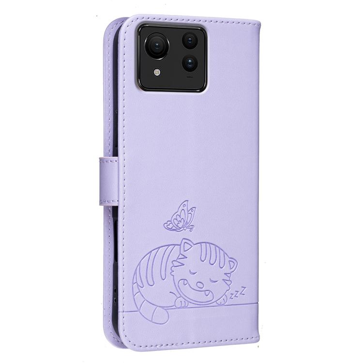 For Asus Zenfone 11 Ultra Cat Butterfly Embossed RFID Vegan Leather Phone Case with Strap