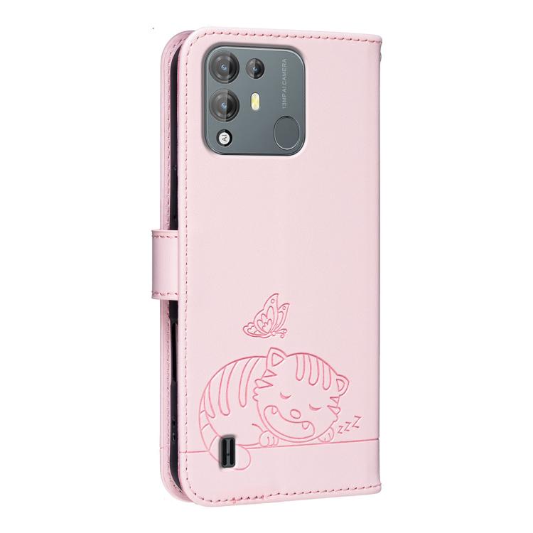For Blackview A55 Pro Cat Butterfly Embossed RFID Vegan Leather Phone Case with Strap