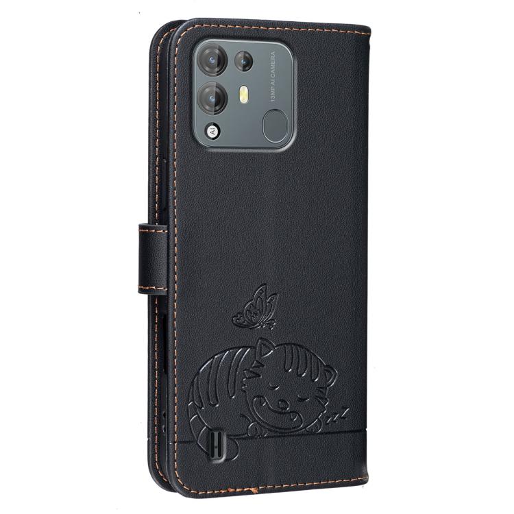 For Blackview A55 Pro Cat Butterfly Embossed RFID Vegan Leather Phone Case with Strap