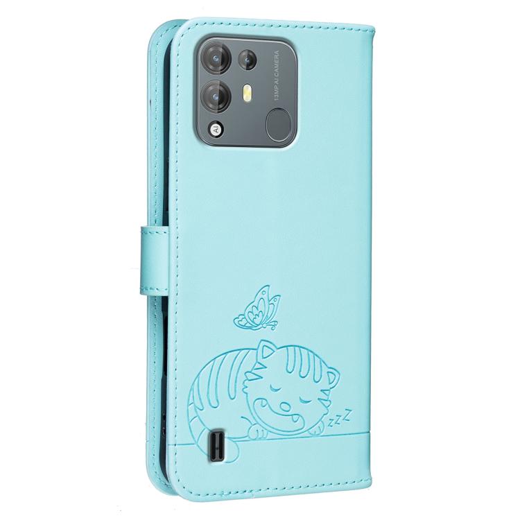 For Blackview A55 Pro Cat Butterfly Embossed RFID Vegan Leather Phone Case with Strap