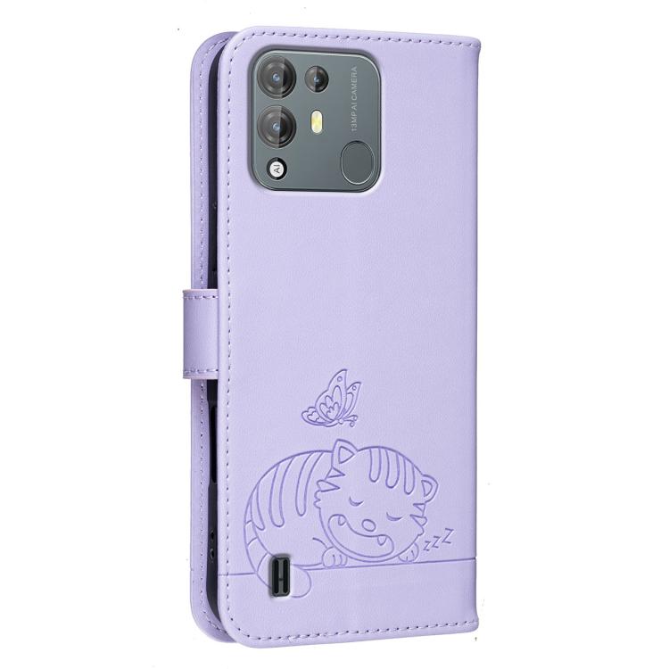 For Blackview A55 Pro Cat Butterfly Embossed RFID Vegan Leather Phone Case with Strap