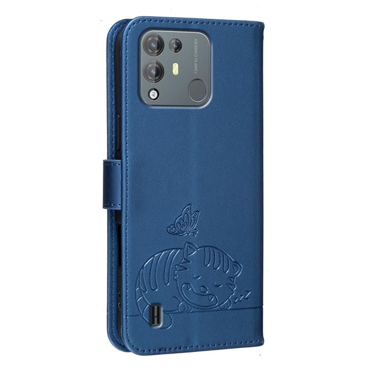 For Blackview A55 Pro Cat Butterfly Embossed RFID Vegan Leather Phone Case with Strap