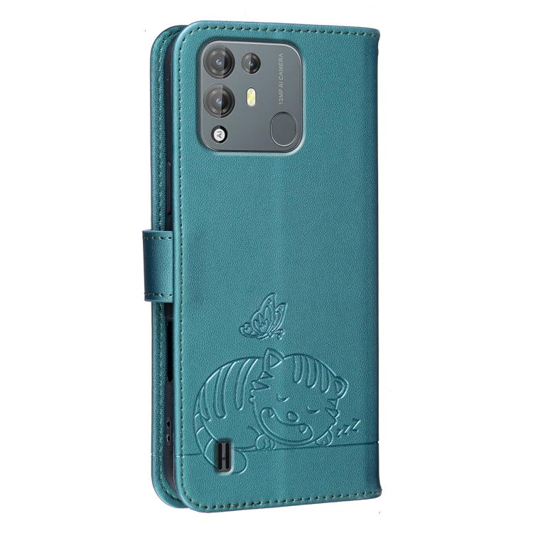 For Blackview A55 Pro Cat Butterfly Embossed RFID Vegan Leather Phone Case with Strap