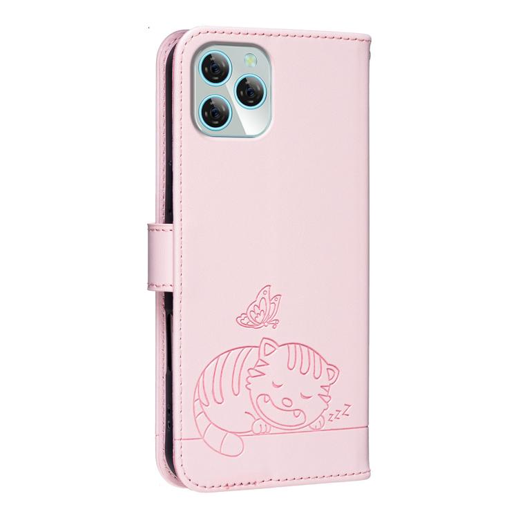 For Blackview A95 Cat Butterfly Embossed RFID Vegan Leather Phone Case with Strap