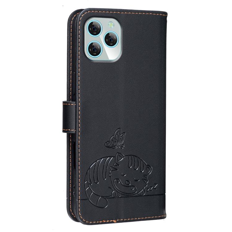 For Blackview A95 Cat Butterfly Embossed RFID Vegan Leather Phone Case with Strap