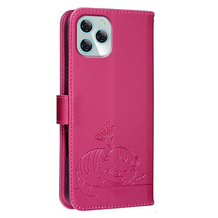 For Blackview A95 Cat Butterfly Embossed RFID Vegan Leather Phone Case with Strap